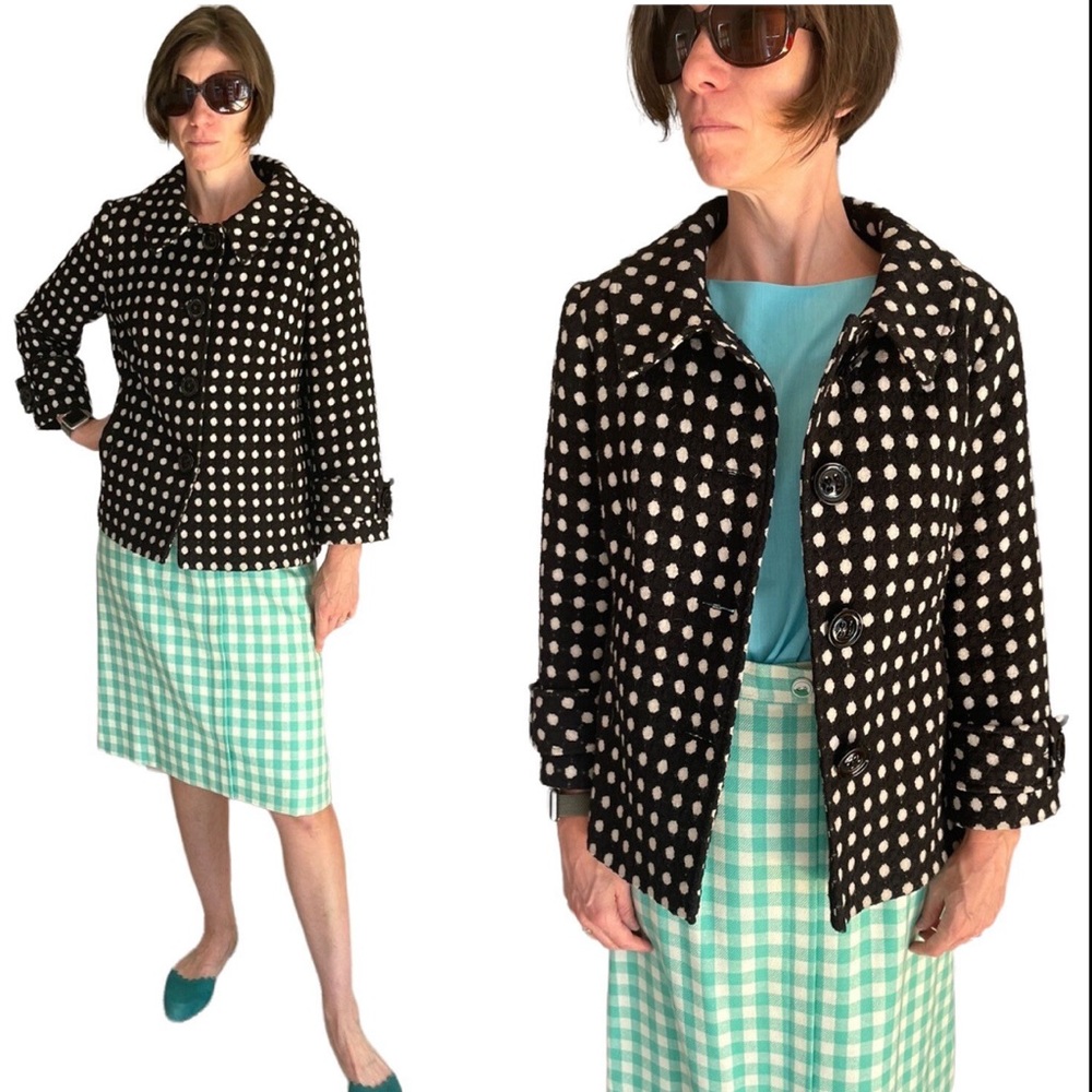 Black White Polka Dot Mod Wool Jacket Coat Small